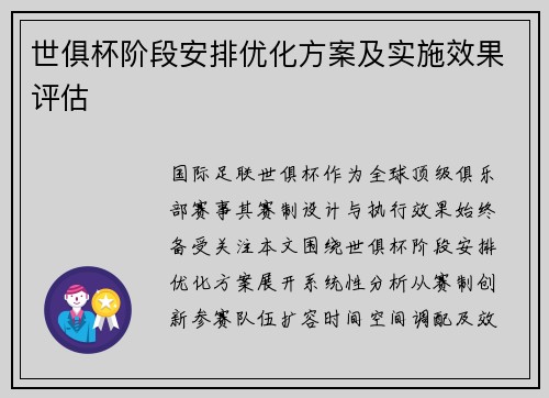 世俱杯阶段安排优化方案及实施效果评估